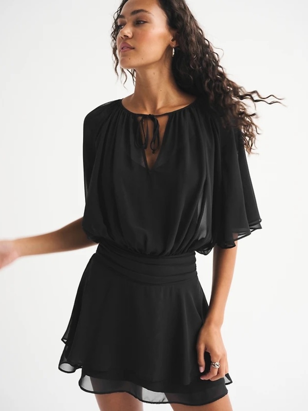 ABERCROMBIE & FITCH Angel Sleeve Black Chiffon Ruffle Mini Dress w Smocked Waist